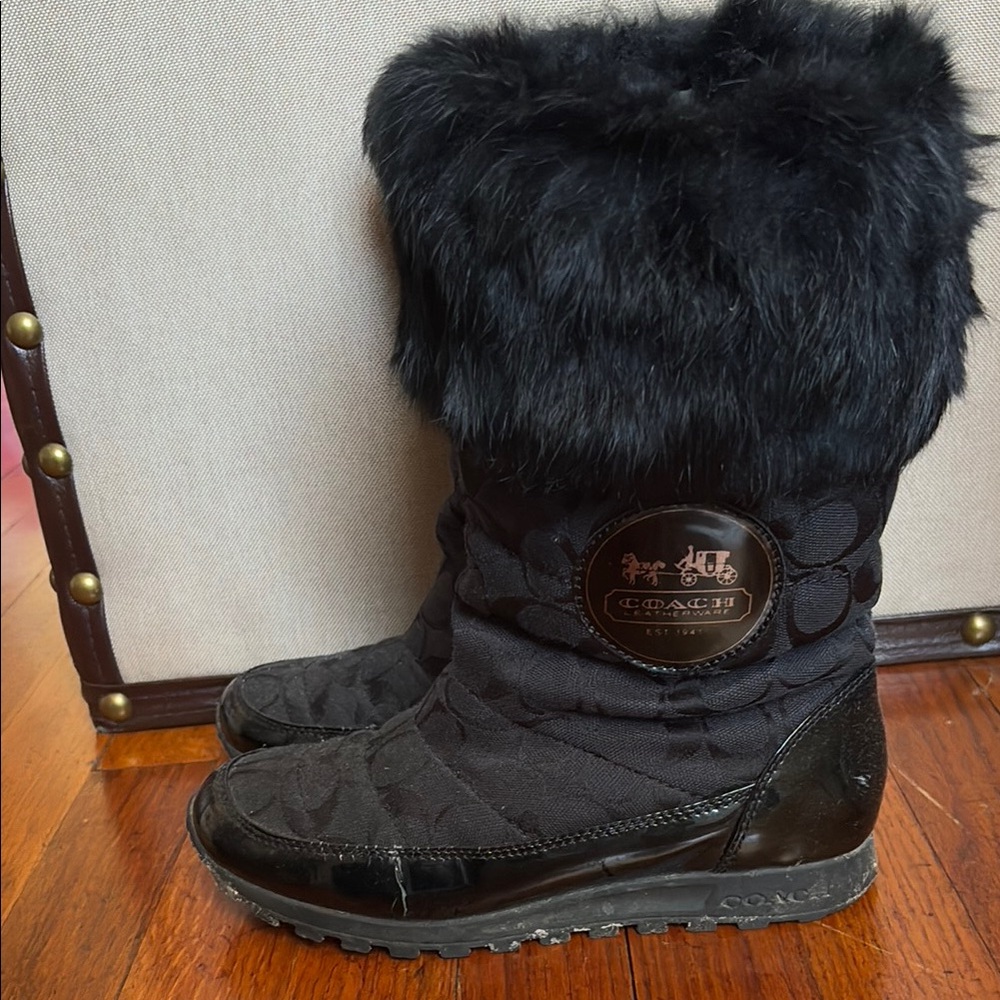 Coach Black Winter Rain Boots with Fur Trim and Quilted Fabric